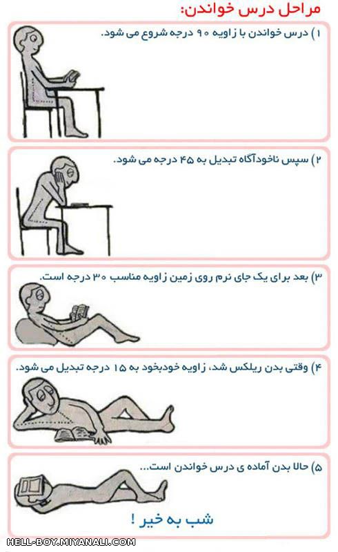 عکسی خنده دار از مراحل درس خواندن!!