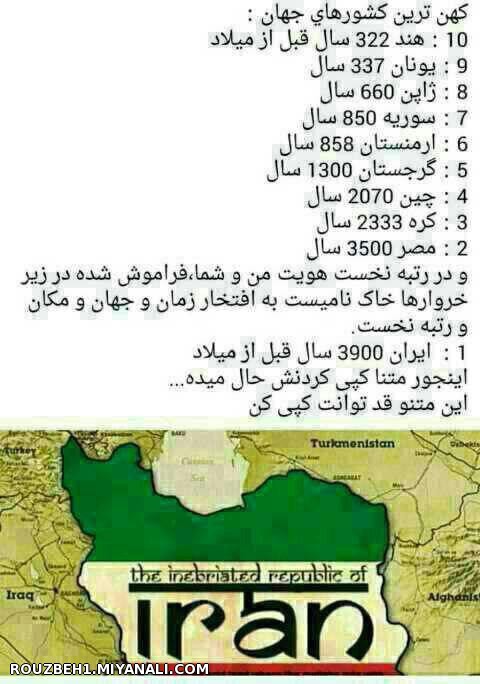 kohantarin va por ghedmattarin keshvareh donya iran ast iran